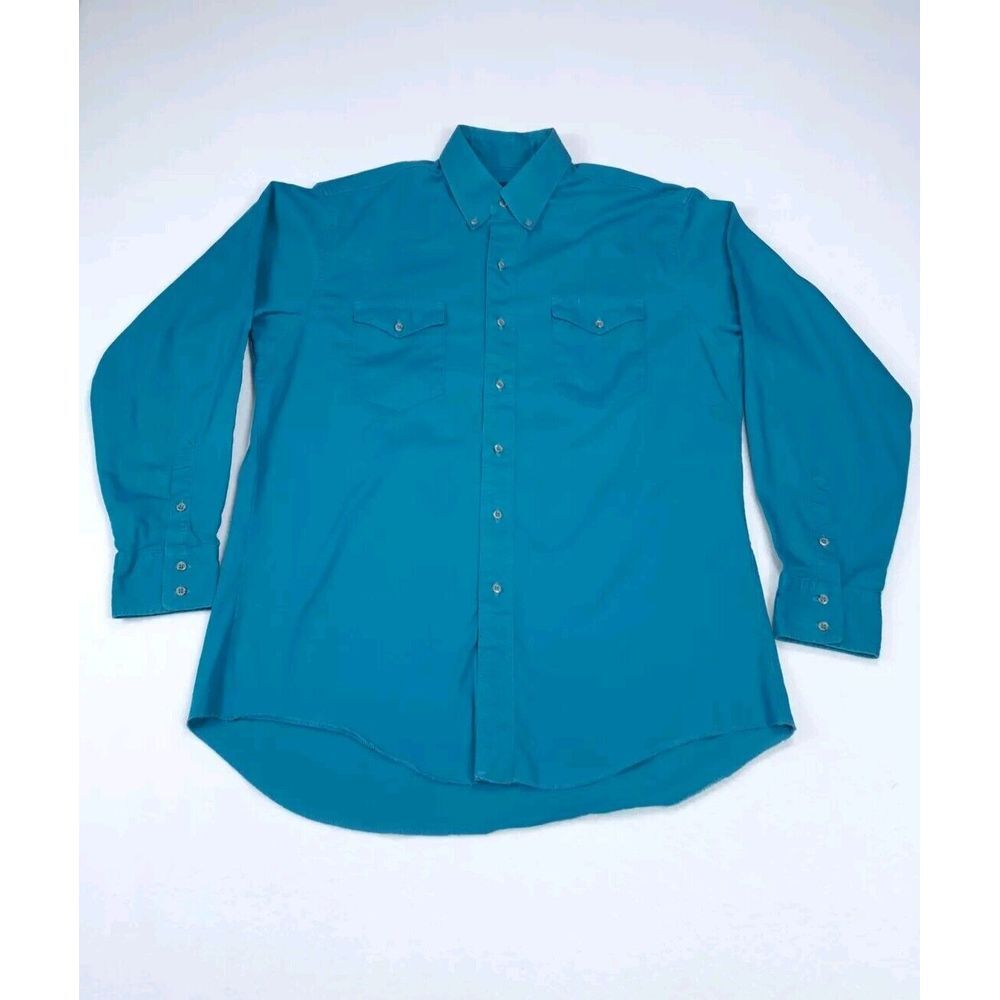 Wrangler Brushpopper Shirt Mens 16.5/34 Teal Vintage Cowboy Cut X Long Tails